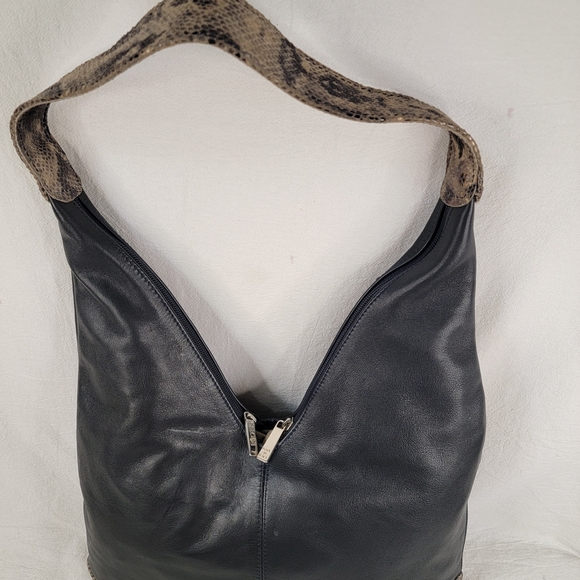 ​CECCONI PIERO Italy Black Leather Hobo Bag Snakeskin Trim Large Shoulder Bag
​ - Picture 8 of 13